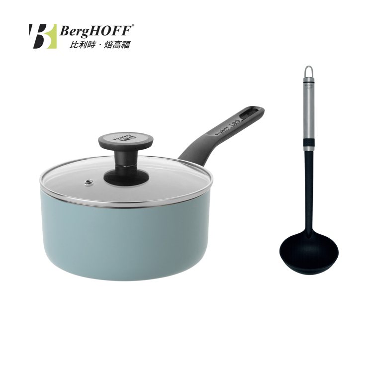 BergHOFF LEO石板藍單把18公分湯鍋，附玻璃鍋蓋再搭不沾鍋湯杓，原價2,550元，特價880元。。圖／旺代企業提供