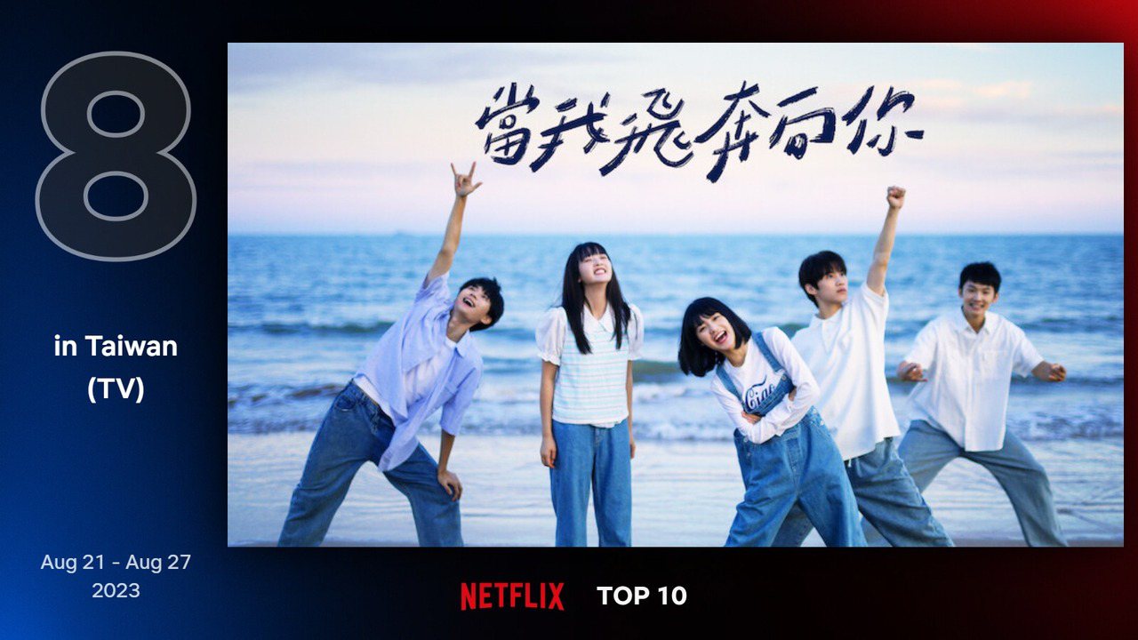 Netflix台灣地區8月21日至8月27日電視類排行第8為青春校園劇《當我飛奔向你》。圖／Netflix