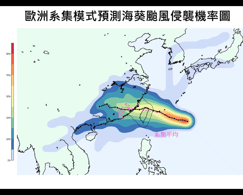 歐洲系集模式預測海葵颱風侵襲機率。圖／取自「Hsin Hsing Chia」YouTube頻道