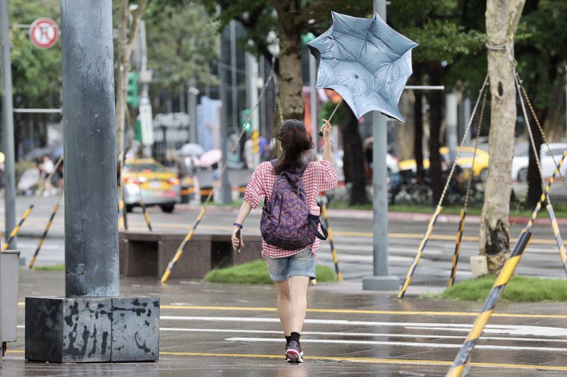 海葵颱風逼近台灣，為北部地區帶來陣陣風雨，假日午後，不少民眾冒著風雨出門逛街，在信義區101大樓附近瞬間陣風吹襲路上行人，許多人的傘撐不住強風，瞬間開花反折。記者許正宏／攝影