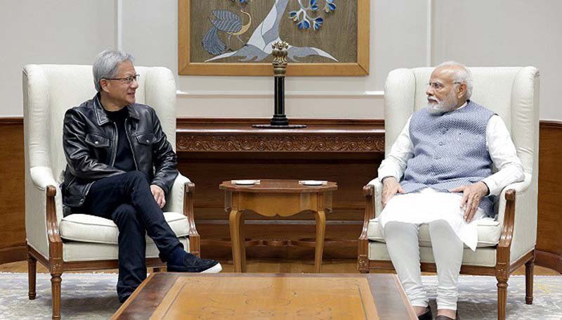 英偉達創辦人黃仁勳9月4日與印度總理莫迪會面，討論雙方在AI、探月工程方面強化合作的可能性。 圖／引自界面新聞
