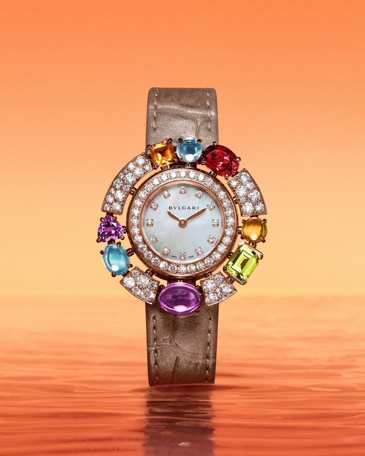 BVLGARI Allegra系列珠寶腕表，36毫米玫瑰金鑲飾鑽石、橄欖石、藍色...