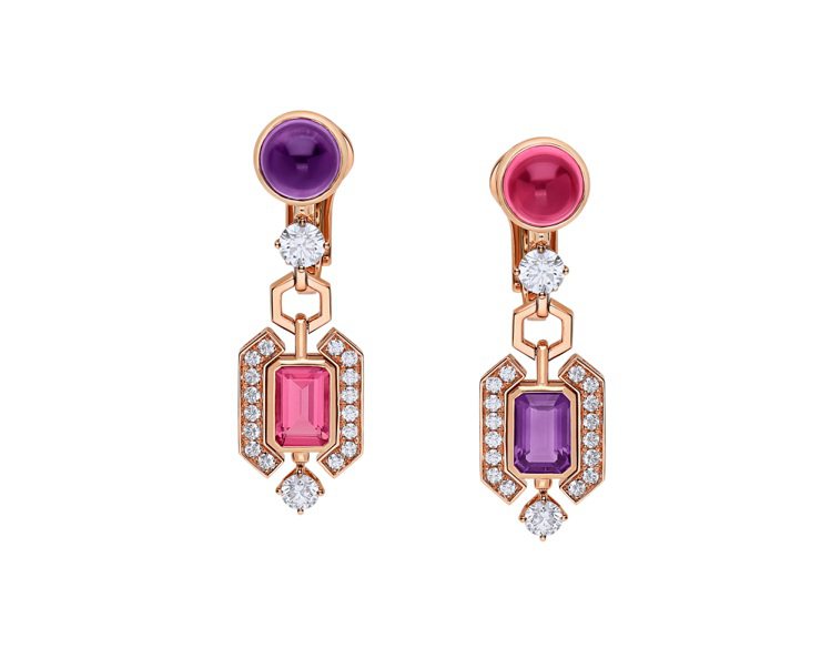 BVLGARI Allegra系列彩寶與鑽石耳環，玫瑰金鑲嵌鑽石、紫水晶、粉紅碧璽，價格店洽。圖／寶格麗提供
