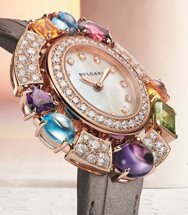 BVLGARI Allegra系列珠寶腕表，36毫米玫瑰金鑲飾鑽石、橄欖石、藍色...