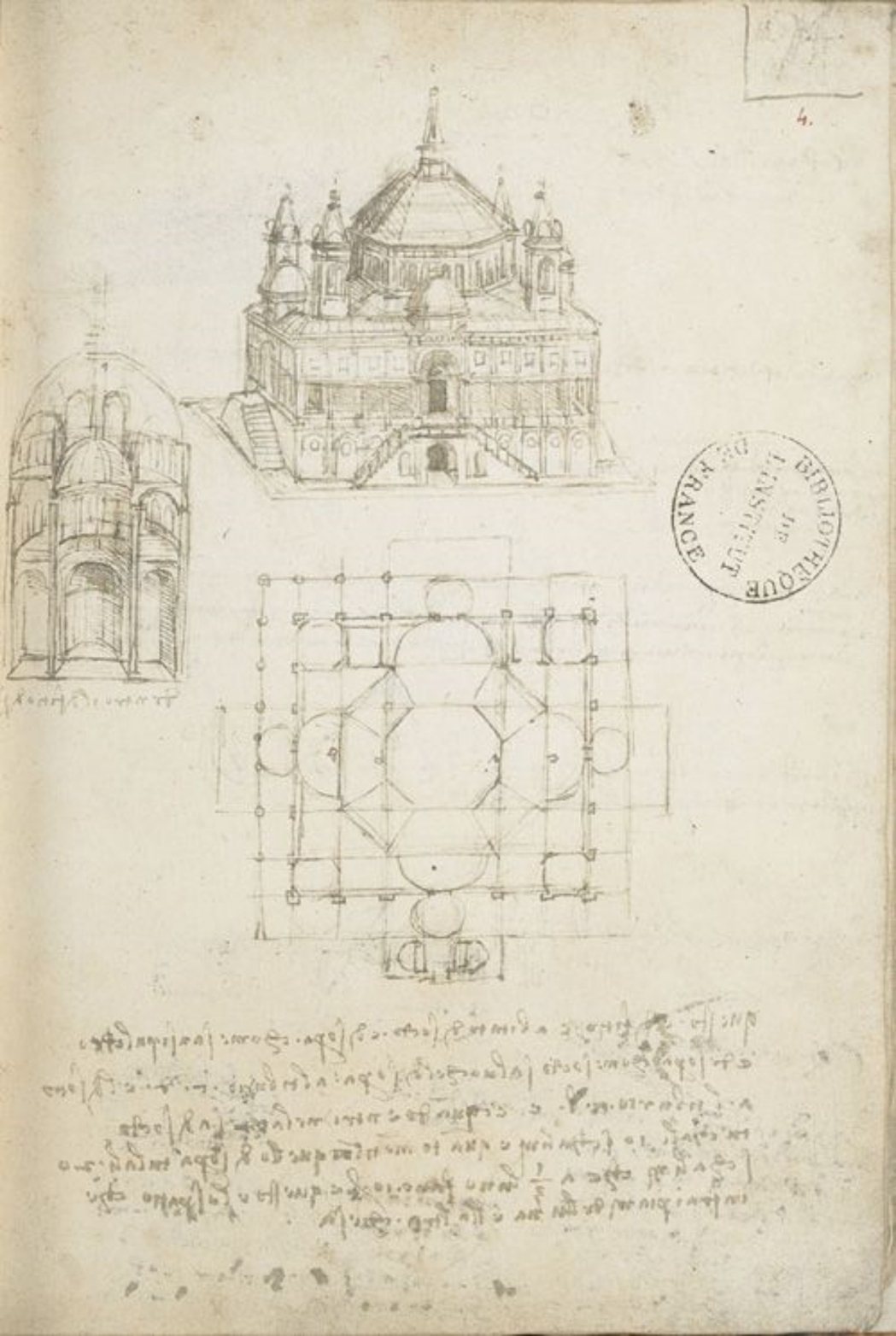 達文西手稿中的集中式建築設計。 圖／Universal Leonardo