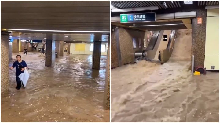 颱風「海葵」殘餘環流為香港帶來「世紀暴雨」，地鐵站也湧入滾滾黃泥水。（取自星島日報）