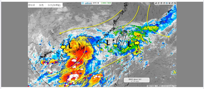 天氣風險公司天氣分析師吳聖宇今天說，原本海葵颱風減弱後的低氣壓，為廣東、香港帶來強烈降雨，預報顯示這個低氣壓會繼續向西南西移動，南側拖帶的大片雲雨帶不會往台灣過來。擷取自「天氣職人-吳聖宇」臉書
