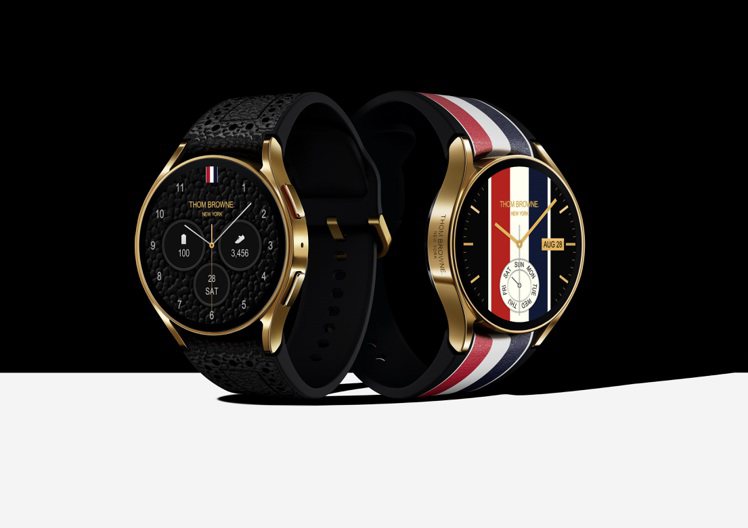 Samsung Galaxy Z Fold5 Thom Browne Edition限量版登場，Samsung Galaxy Watch6以黑色壓紋皮革結合金色錶殼與錶扣，並可更換Thom Browne經典錶帶。圖／三星提供