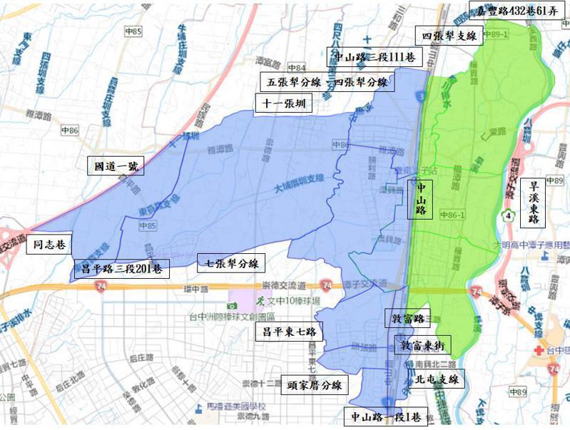 台中市潭子區、大雅區停水降壓區域圖。圖／台灣自來水公司提供