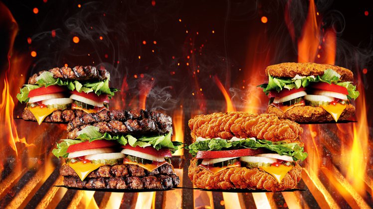 漢堡王推出4款「無麵包漢堡」，包括有四層烤牛、雙層烤牛等不同選擇。圖／漢堡王提供