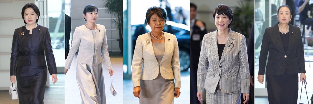 5位女性內閣，由左至右：地方創生相自見英子、兒童政策相加藤鮎子、外務相上川陽子、...