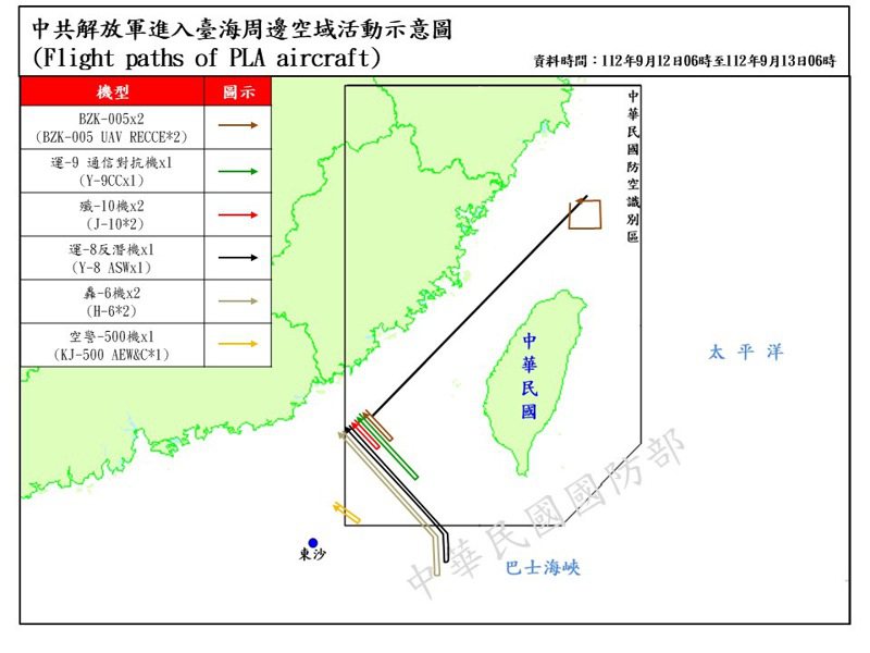 國防部上午公布的「中共解放軍進入台海周邊空域活動示意圖」。圖/國防部