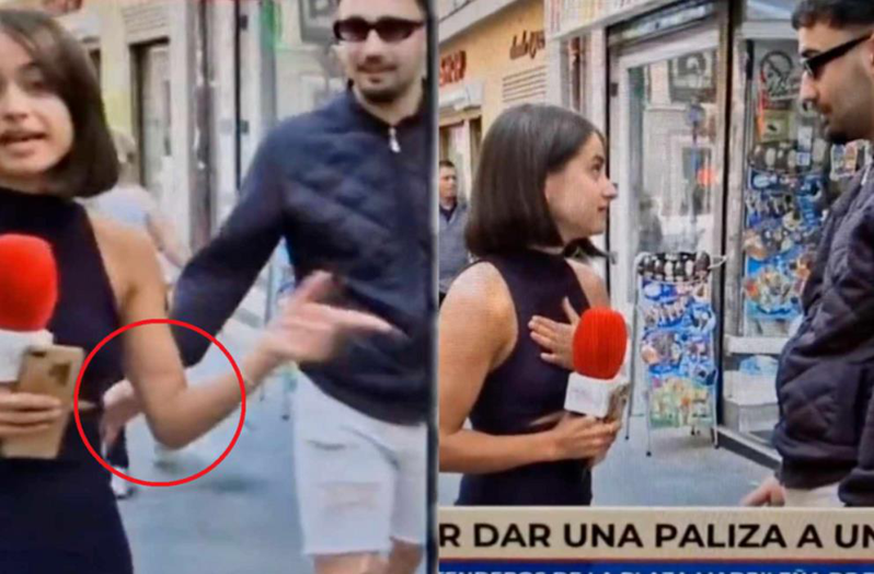 西班牙一名女記者日前在馬德里街頭直播時，突遭一名陌生男子摸臀騷擾。截自推特