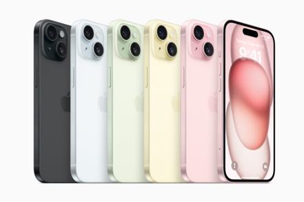 iPhone 15和iPhone 15 Plus提供5款粉嫩新色，包括藍色、綠色、黃色、粉紅色，以及黑色。圖／蘋果提供