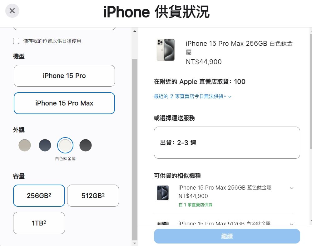 iPhone 15 Pro Max則更是誇張，20分鐘內256GB版的原色鈦金屬...