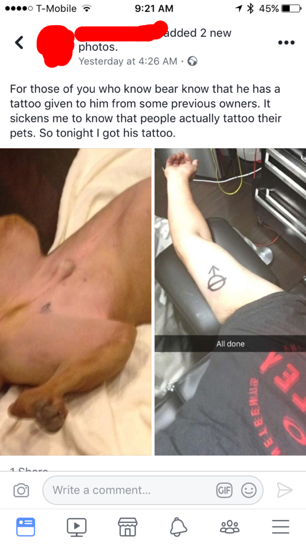 網友到刺青店表示要刺跟狗狗身上一樣的圖案。圖擷自reddit  / Via  https://www.reddit.com