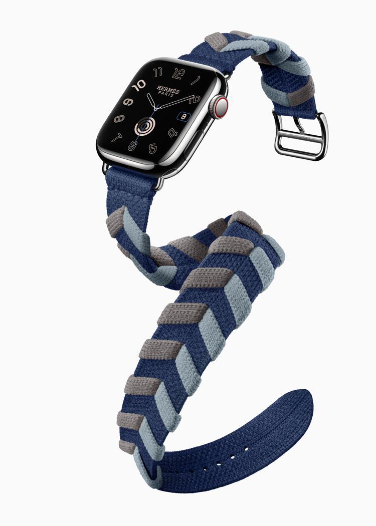 Hermès系列也推出全新表帶設計，「Bridon」採用寬魚骨紋的手工編織。圖／蘋果提供