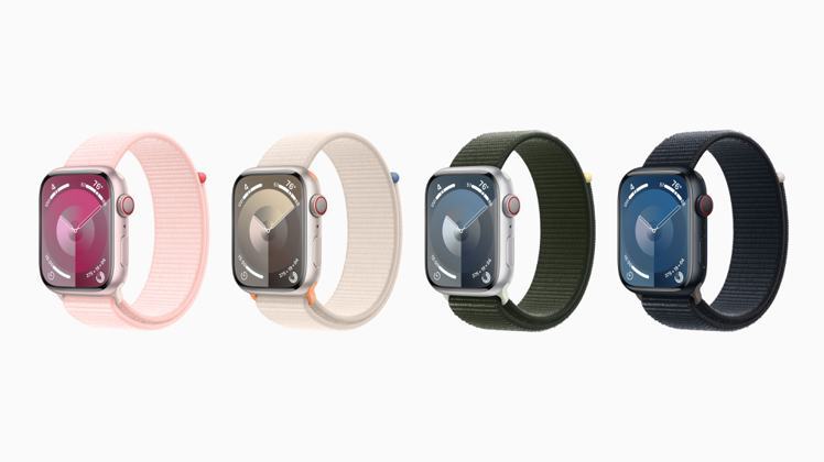 Apple Watch Series 9推出全新粉紅色鋁金屬表殼，另有星光色、銀色、午夜色等選擇。圖／蘋果提供