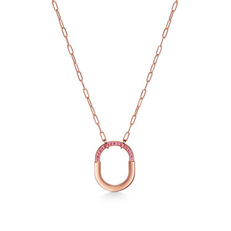 Tiffany Lock ROSE限定膠囊系列18K玫瑰金鑲嵌粉紅剛玉項鍊中型款，19萬7,000元。圖／Tiffany提供