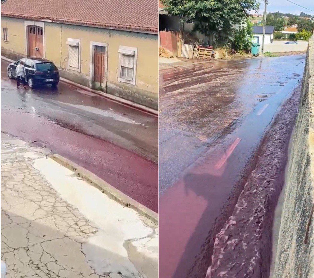 葡萄牙小鎮酒廠儲酒槽爆裂，百萬公升紅酒流到街上。 圖／Instagram @pi...