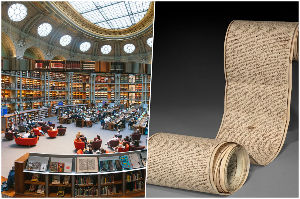 黎塞留館區的橢圓形結構閱覽室和其館藏的《索多瑪120天》手稿。 圖／法國國家圖書...