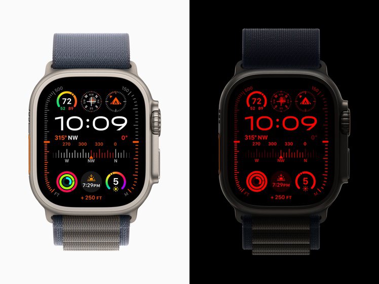 Modular Ultra錶面善用Apple Watch Ultra加大的顯示器，利用最外層邊框顯示即時資料，包括秒數、高度或深度。現在Apple Watch Ultra的環境光感測器會在黑暗中自動開啟Modular Ultra錶面上的「夜間模式」。圖／蘋果提供