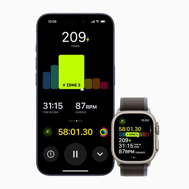 Apple Watch會計算個人化「功率區間」，讓使用者能輕鬆查看目前區間並追蹤每個區間花費的時間。圖／蘋果提供