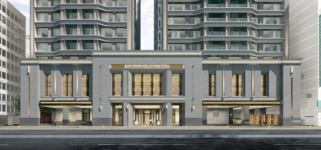 台北國賓皇宮酒店，預計2028年開業，圖為3D模擬示意，樓層是1至3層的裙樓。國...