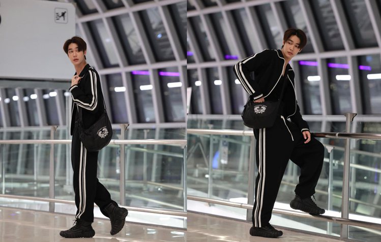 泰星Dew現身機場，身穿Onitsuka Tiger黑色運動外套、長褲，並搭配黑色包包。圖／摘自MOMO與Dew instagram