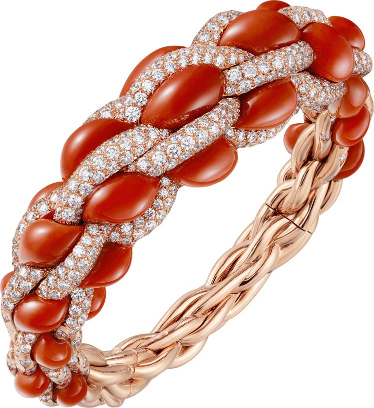 Cartier Libre-Tressage系列珊瑚手環，玫瑰金鑲嵌珊瑚與鑽石，價格店洽。圖／卡地亞提供