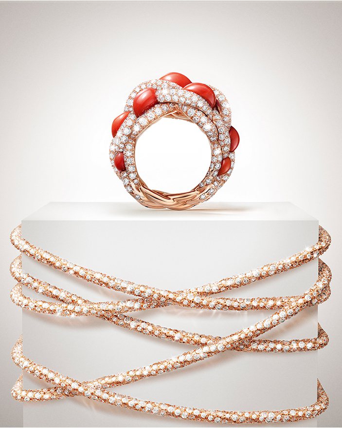 Cartier Libre-Tressage系列珊瑚戒指，玫瑰金鑲嵌珊瑚與鑽石，...