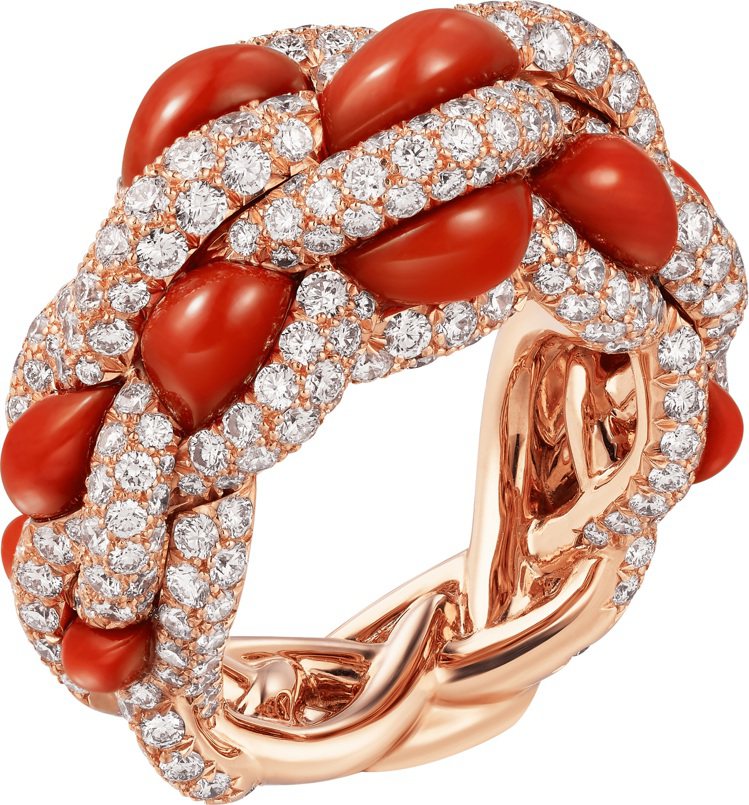 Cartier Libre-Tressage系列珊瑚戒指，玫瑰金鑲嵌珊瑚與鑽石，256萬元。圖／卡地亞提供