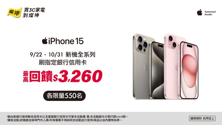 燦坤iPhone 15開賣，刷指定信用卡最高回饋3,260元。圖／燦坤提供