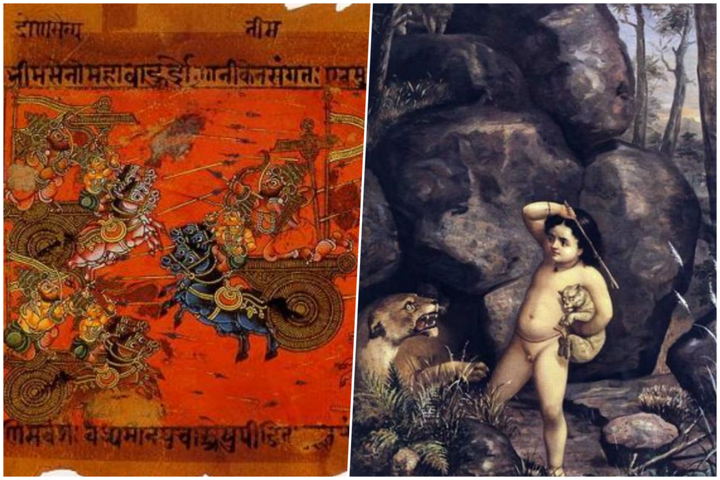 左為《摩訶婆羅多》中，描繪俱盧之戰的插圖手稿；右為史詩英雄皇帝——婆羅多畫像。 ...