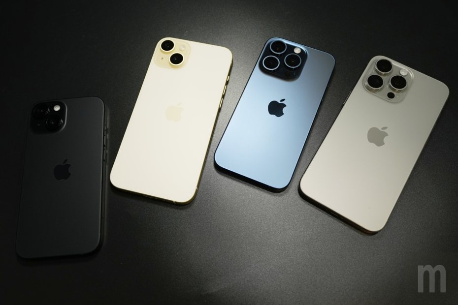 ▲iPhone 15系列，左起為iPhone 15、iPhone 15 Plus、iPhone 15 Pro及iPhone 15 Pro Max