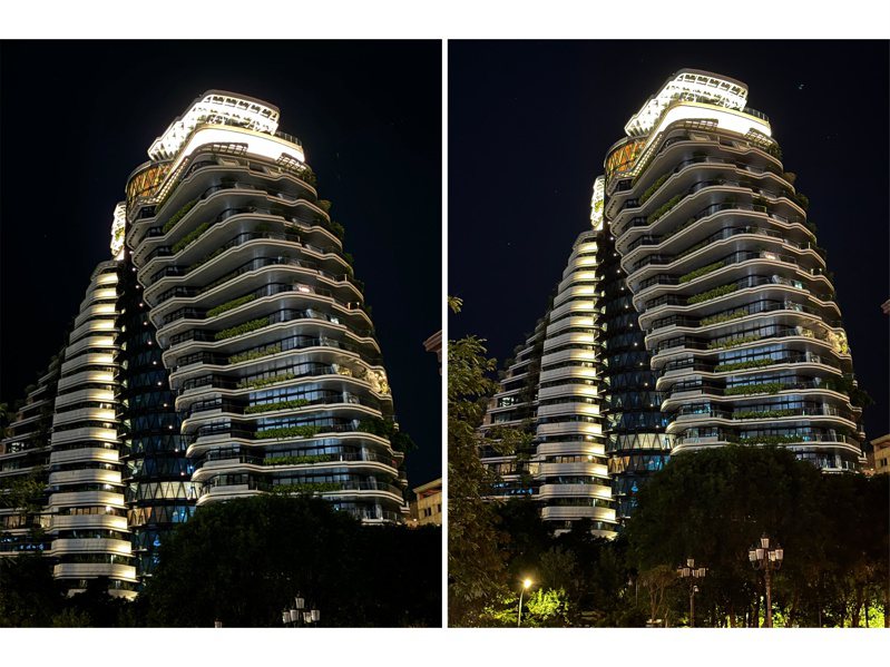 iPhone 15（左）、iPhone 14 Pro（右）夜間模式下使用大家最常用的2倍變焦拍攝，Pro系列還是略勝一籌，但差異度不大。記者黃筱晴／攝影