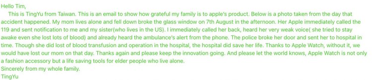 台灣使用者黃小姐寫信給Tim Cook，感謝「Apple Watch救了我媽媽！」圖／蘋果提供