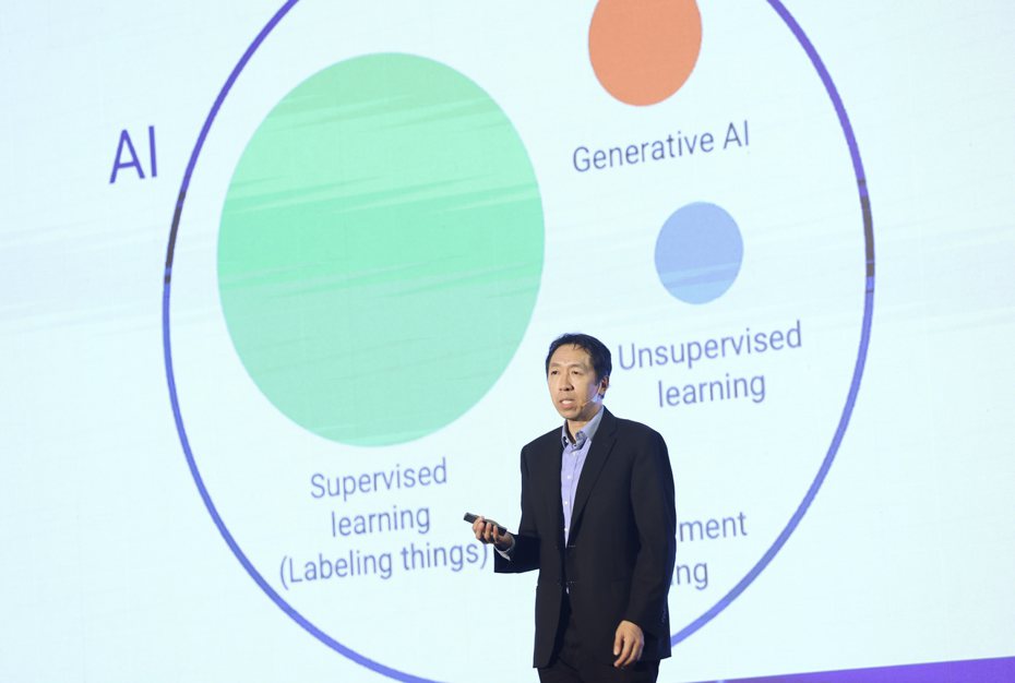 永齡基金會「AI大師論壇：人工智慧如何形塑人類未來」25日在台北南港展覽館登場，「Google大腦」之父吳恩達（圖）擔任主講人，以AI為題發表專題演講。中央社