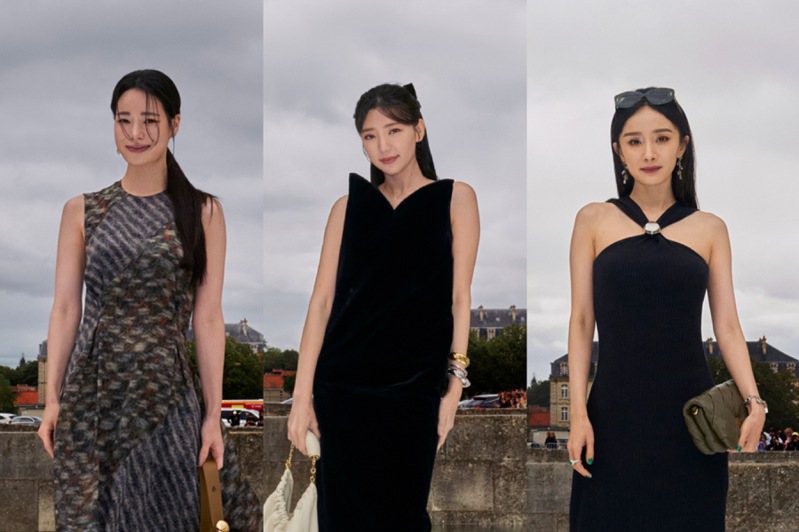 林智妍（左起）、郭雪芙與LOEWE品牌代言人楊冪，出席LOEWE巴黎2024春夏女裝發表。圖／LOEWE提供