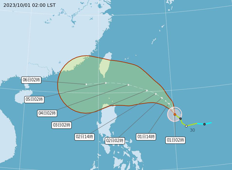 輕度颱風小犬今天凌晨2時的中心位置在鵝鑾鼻東南東方1160公里海面上，以每小時16公里速度，向北北西進行。圖／取自中央氣象署網站