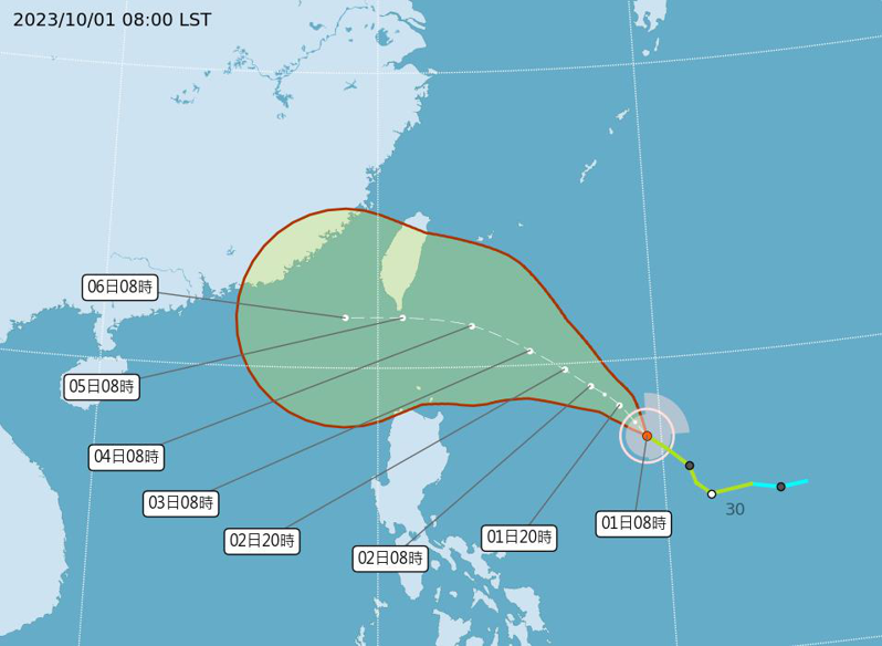 中央氣象署發布小犬颱風的路徑潛勢預報。圖／取自中央氣象署網站