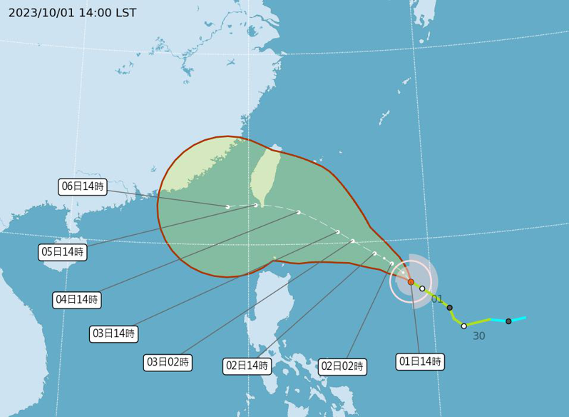 中央氣象署最新預測路徑顯示，小犬颱風往北修正，影響台灣程度增加。圖／取自中央氣象署網站