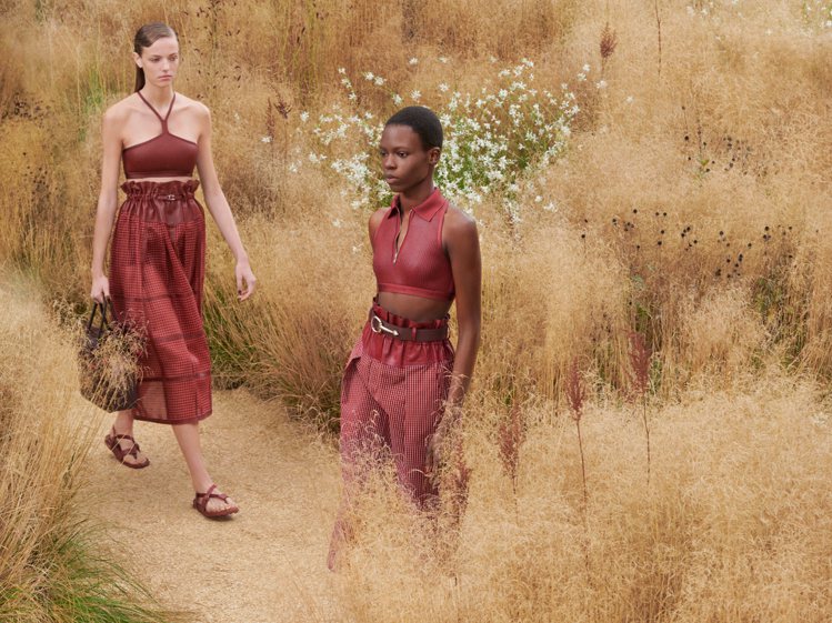 愛馬仕2024春夏女裝發表會現場，模特兒輕鬆漫步於高聳草叢間。圖／愛馬仕提供