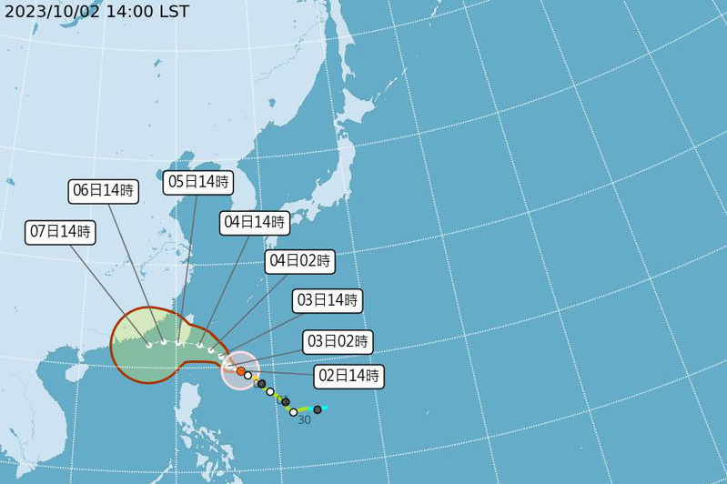 中央氣象署指出，小犬颱風目前位在台灣東南方海域約6、700公里海面。圖／取自中央氣象署網站
