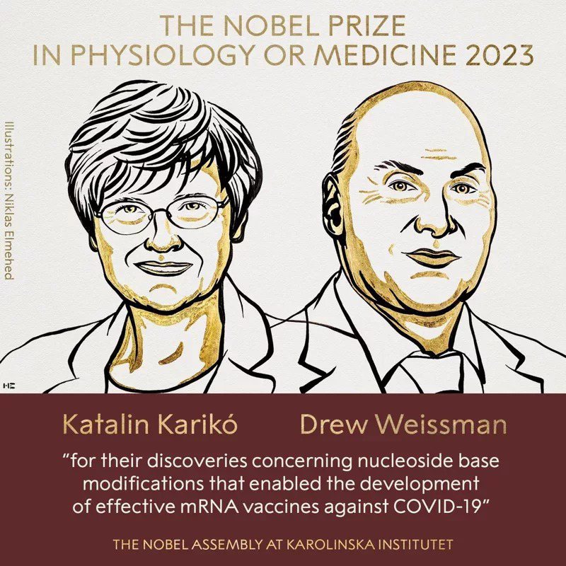 2023年諾貝爾醫學獎得主公布，由匈牙利裔美籍生技科學家卡里科（Katalin Kariko）及美國賓夕法尼亞大學教授魏斯曼（Drew Weissman）獲得殊榮。（取材自推特）