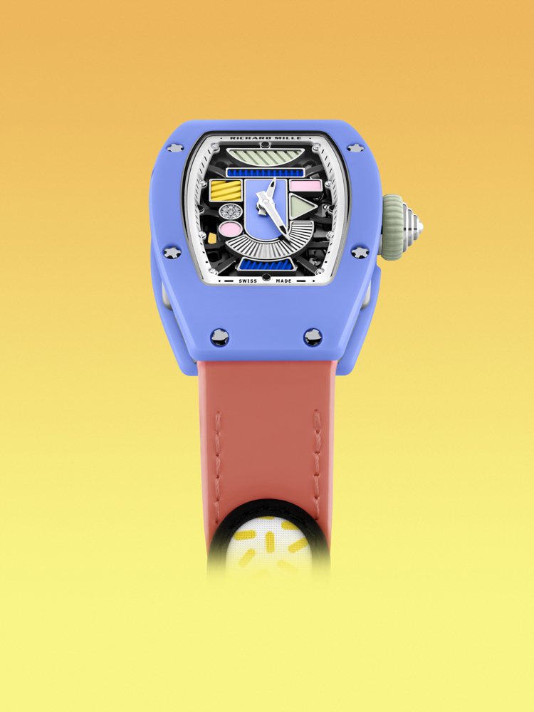RM 07-01 Pastel Blue彩色陶瓷腕表，粉藍色TZP陶瓷款，696萬元。圖／RICHARD MILLE提供