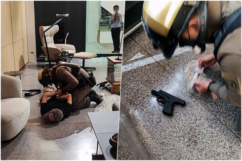 左：泰國曼谷商場槍擊案，14歲嫌犯遭壓制逮捕。右：嫌犯犯案用的手槍。 圖／歐新社