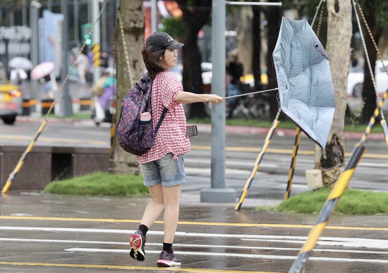 颱風襲台，瞬間的陣風吹襲路上行人，民眾的傘撐不住強風瞬間開花。聯合報系資料照片／記者許正宏攝影