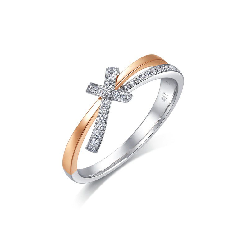 點睛品PROMESSA同心結18K白金玫瑰金雙色鑽石戒指，約27,900元起。圖／點睛品提供