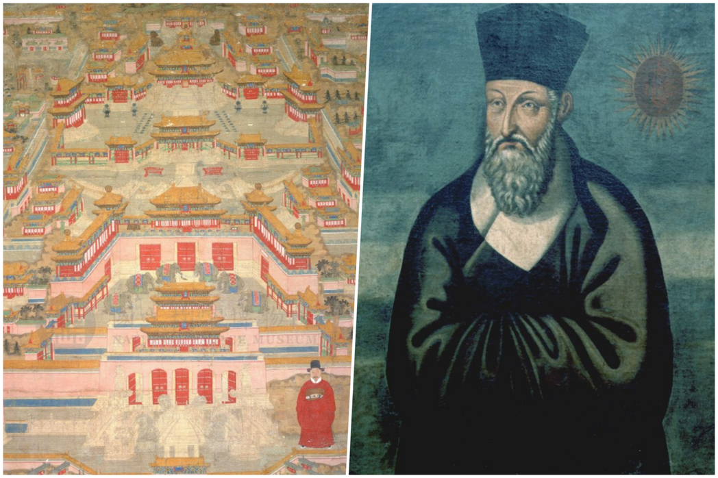 《北京明故宮殿圖軸》（左）、利瑪竇畫像 圖／中國南京博物館、維基共享